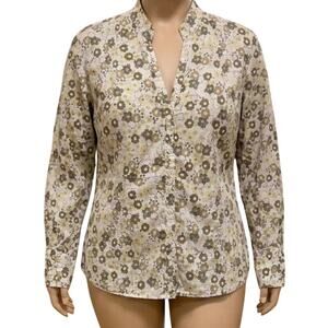 Vintage Y2K Nine West Shirt L Yellow Green Brown Floral Button Up 100% Cotton
